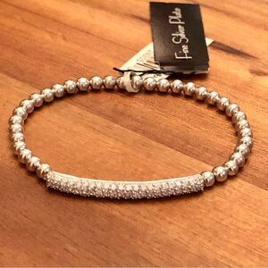 Fine Silver Plate | Pave Cubic Zirconia Beaded Bracelet  | Small 2.25” Diameter